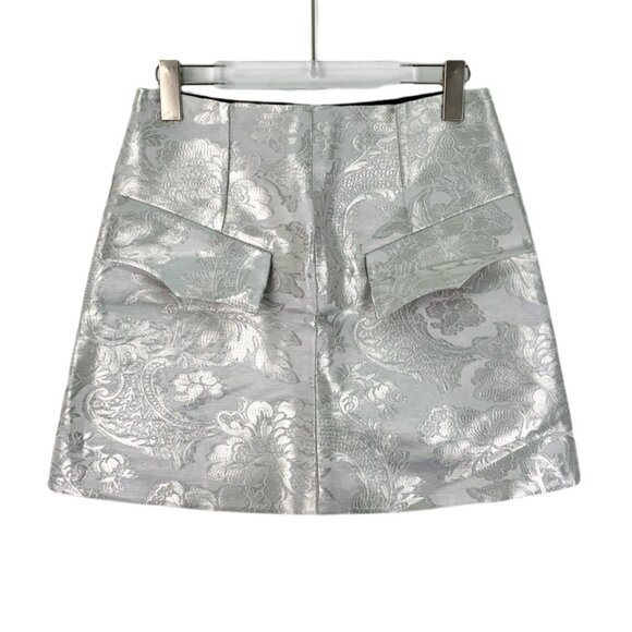 EW0298 Louis Vuitton Silver Floral Embroidery Casual Zipper Skirt Size 36 XS Bra - Picture 1 of 8